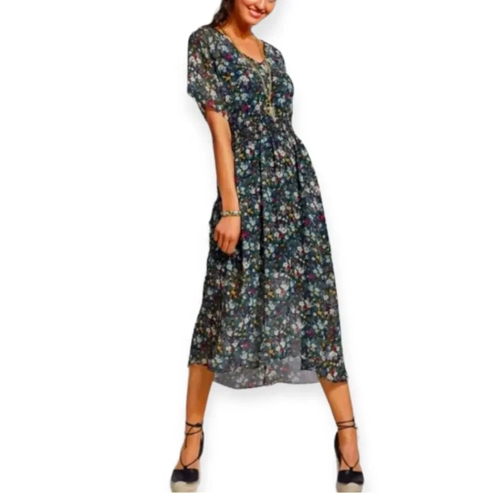 Cabi fiesta floral midi dress green with floral print women’s size medium lined